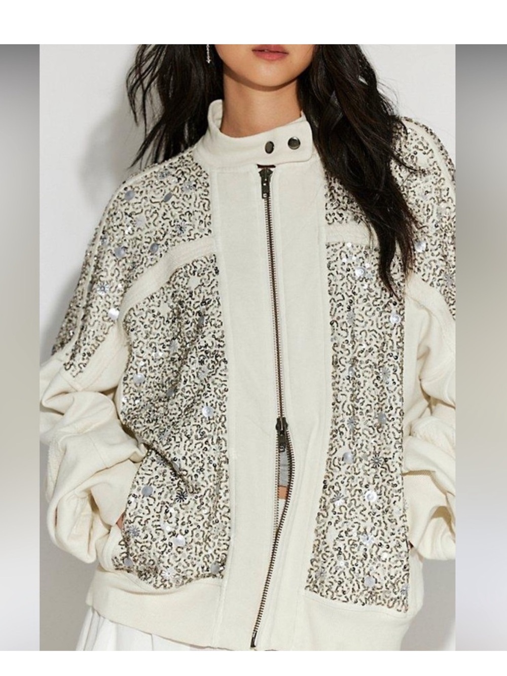Free People Natural Sparkle Embellished Bomber Jacket Sweatshirt